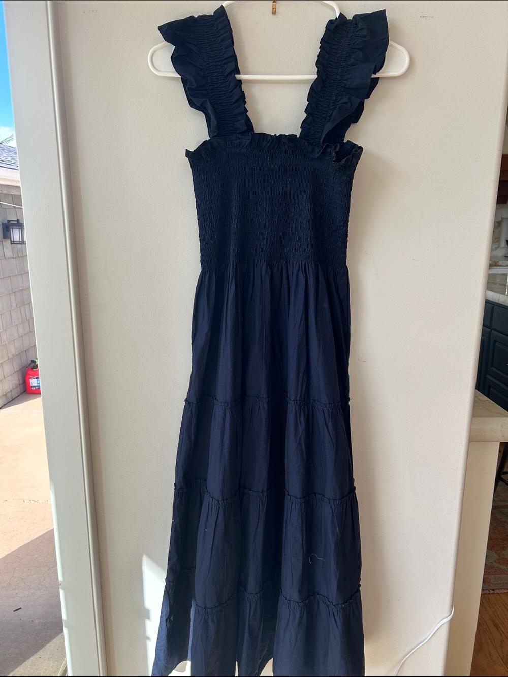 Quince Navy Ruffle Strap Smocked Maxi Dress